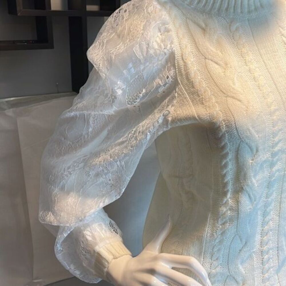 Zaful Mock Neck Cable Knit Lace Mesh Sleeve Ivory Sweater Size 4 - Picture 6 of 16